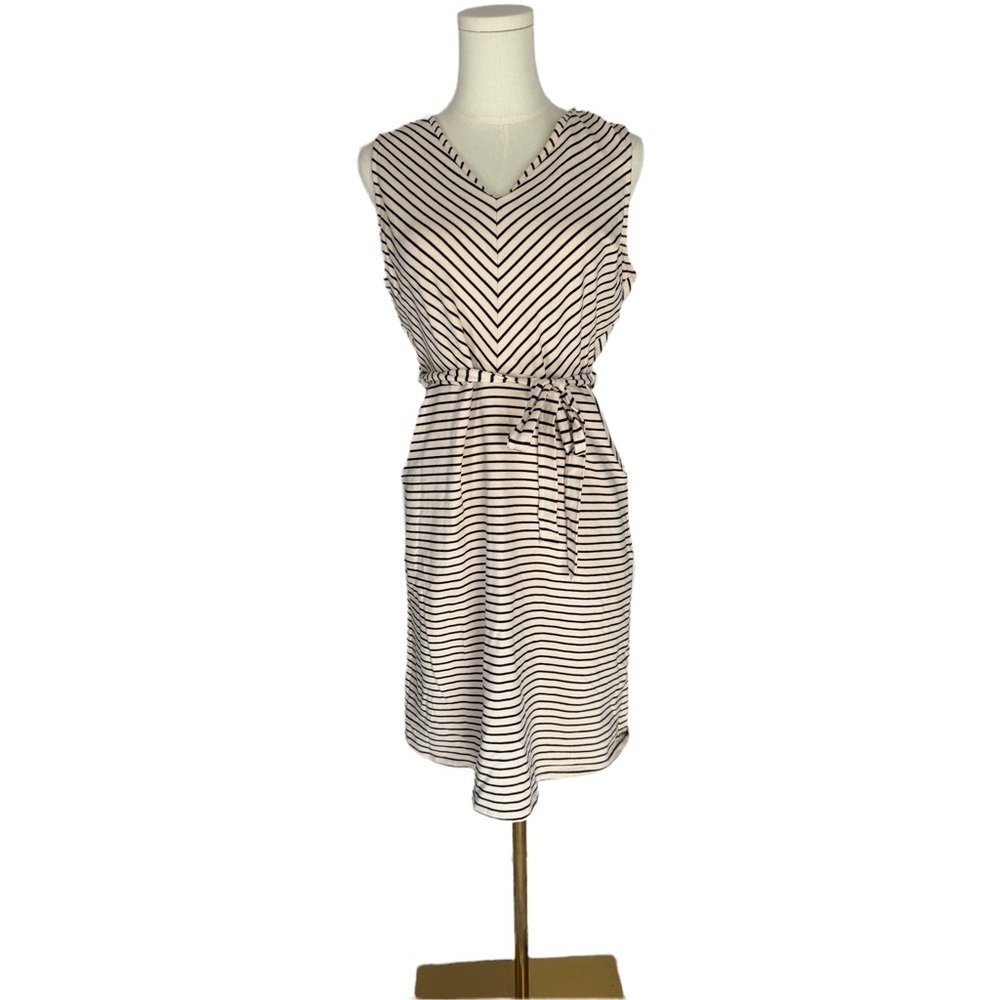 Monteau‎ Striped Sleeveless Dress – Black & White V-Neck Belted Fit & Flare (M)